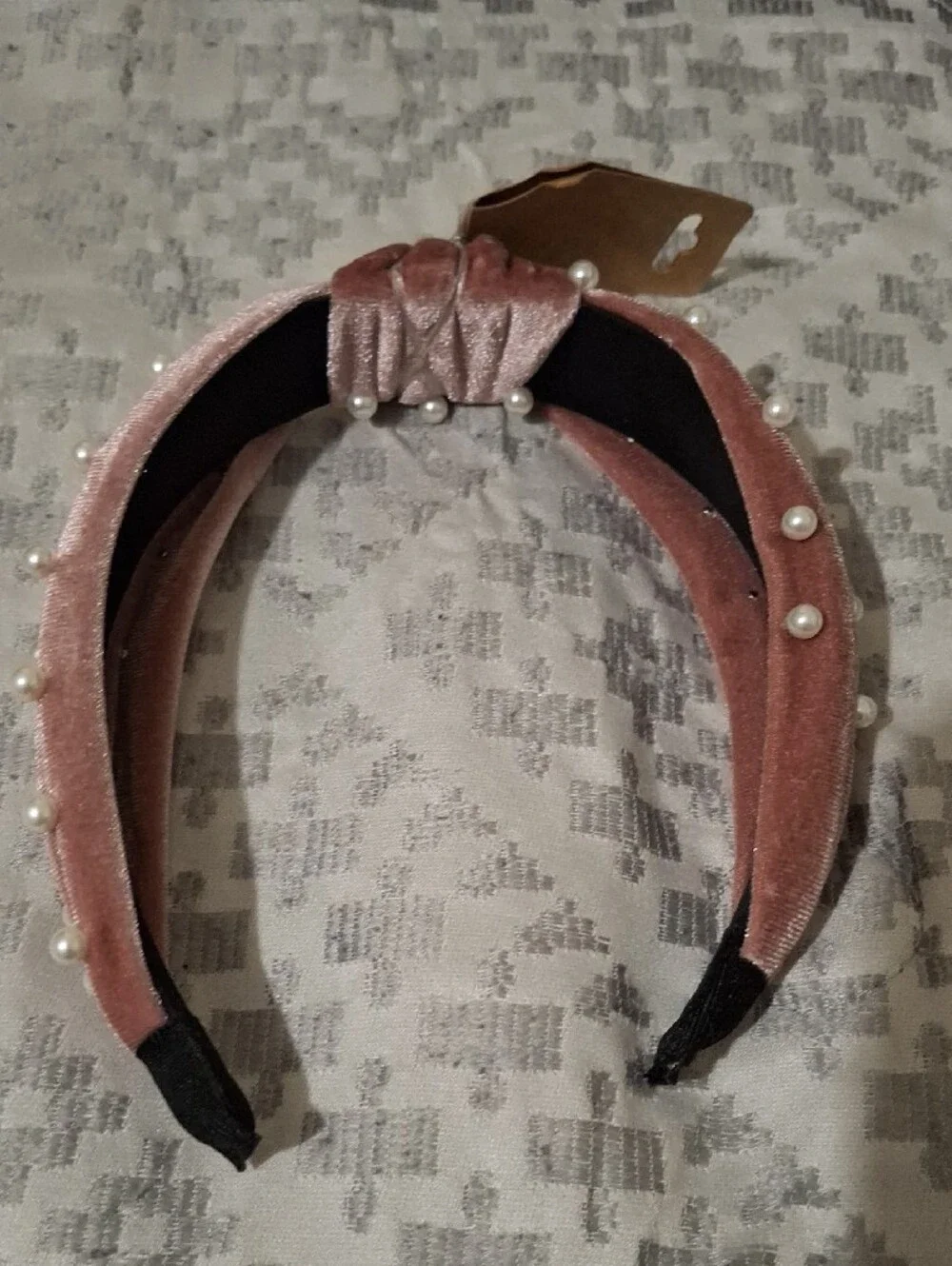 Pearl-Accent Dusty Pink Velvet Knot Headband